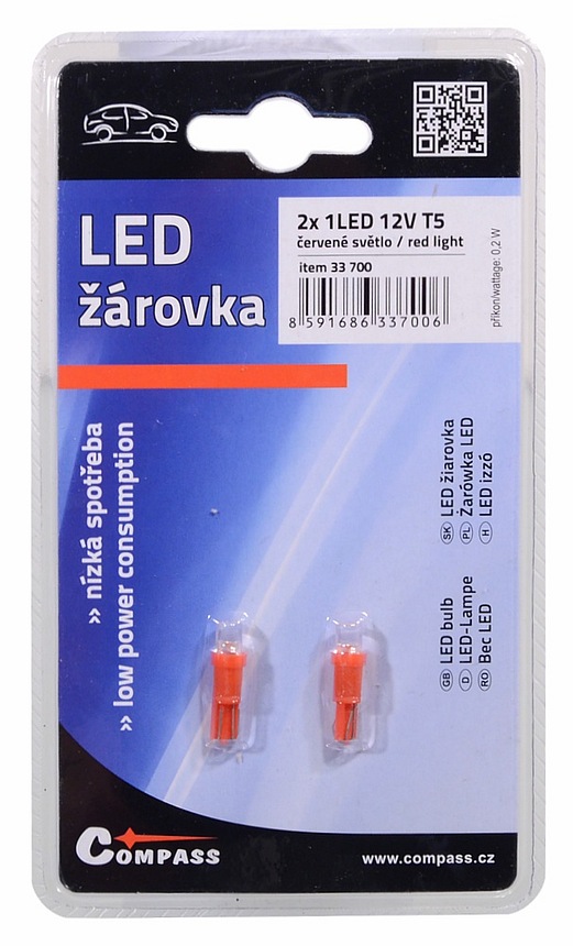 Žárovka 1LED 12V  T5  červená  2ks