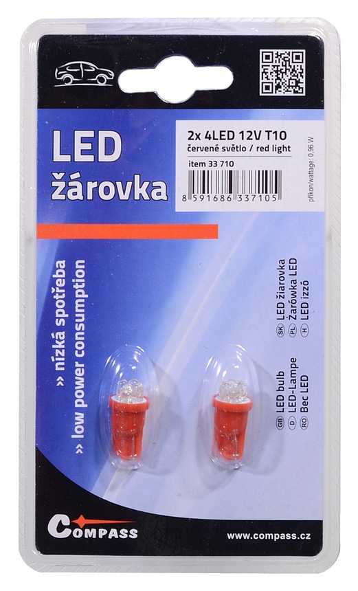 Žárovka 4LED 12V T10 červená 2ks