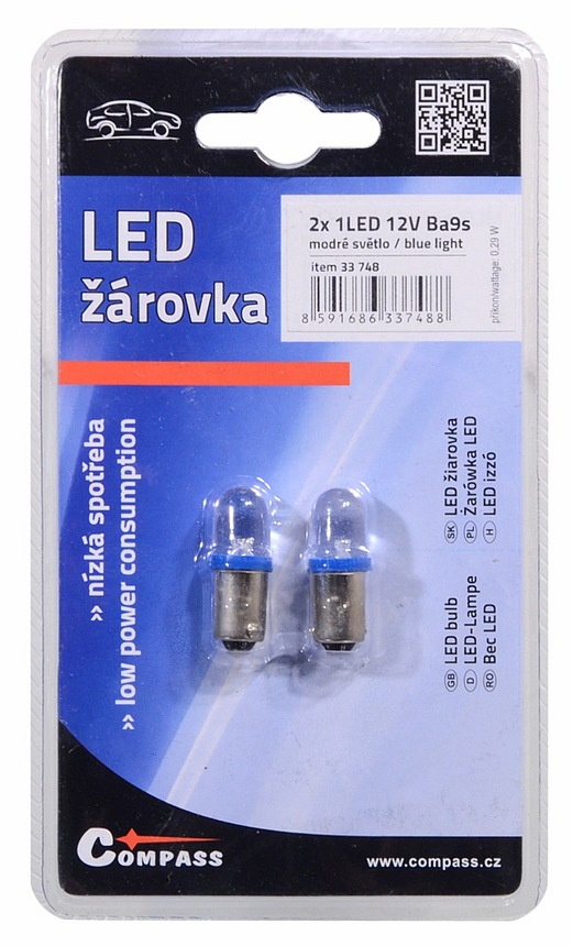 Žárovka 1LED 12V Ba9s modrá 2ks